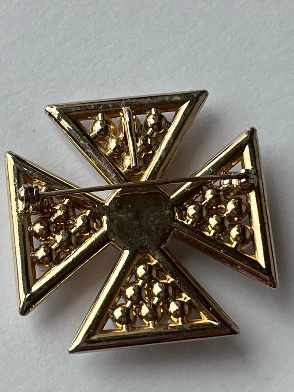 Vintage Maltese Cross Gold Tone Faux Pearl Brooch